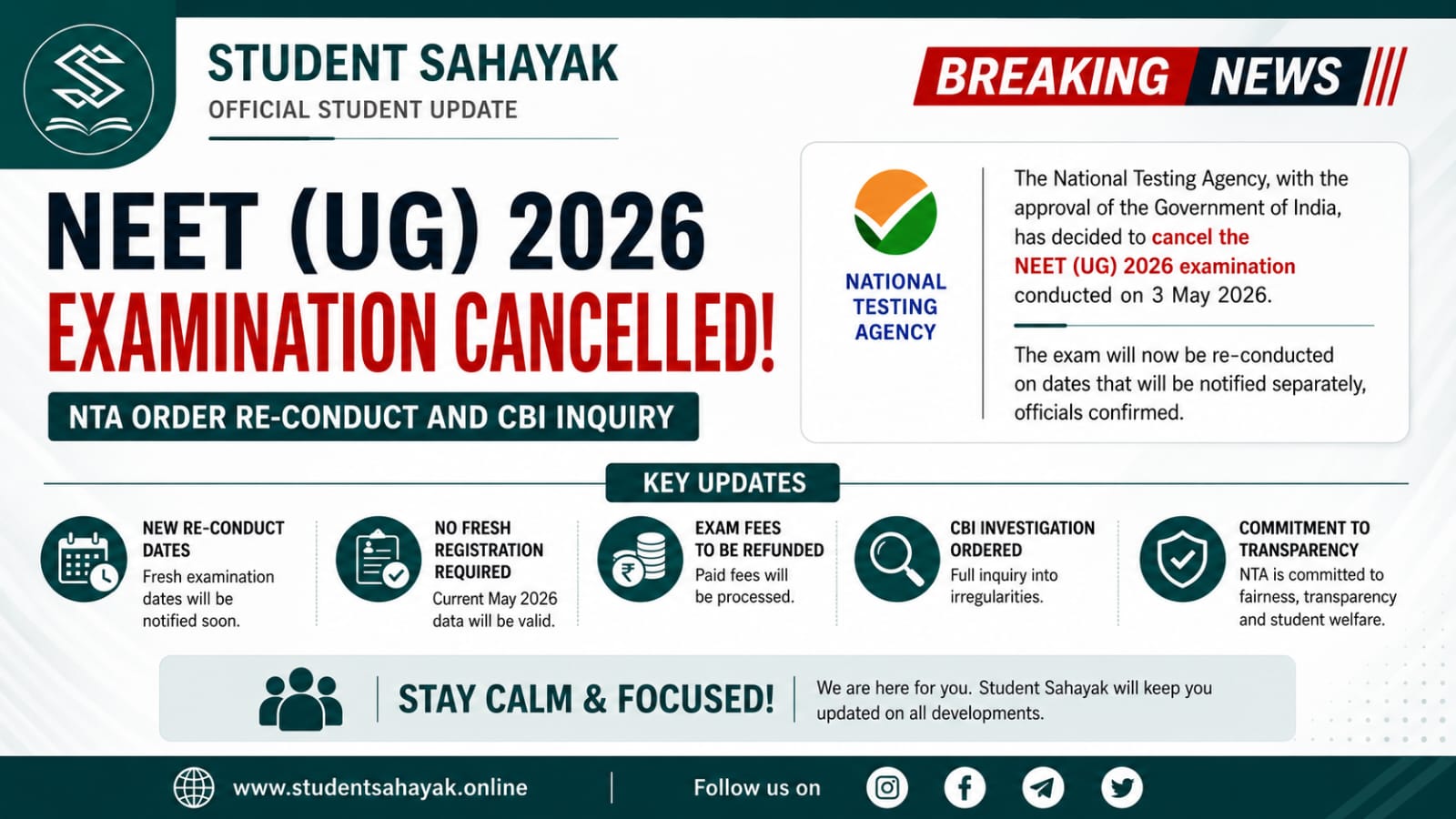 NEET UG 2026 Cancelled Official Banner by Student Sahayak